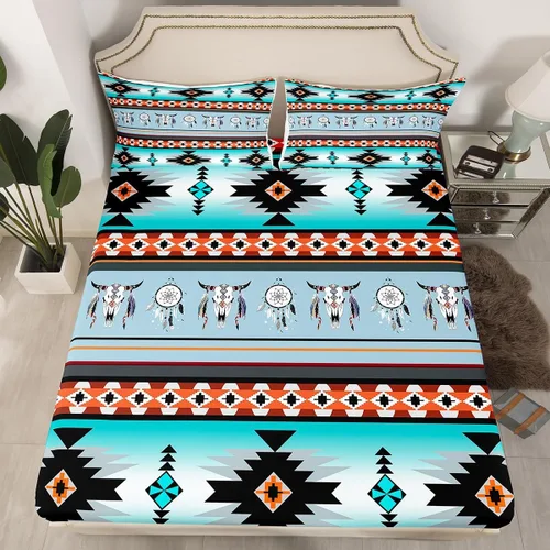 Vista 56 de Juego de ropa de cama de estilo bohemio occidental, tamaño individual, diseño de vaca atrapasueños, sábana bajera ajustable del suroeste, tribu