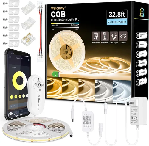 Vista 9 de Wefomey Tira de luz LED COB Blanco cálido a fresco 2700K-6500K, Tira de luz COB blanca brillante de 16.4 pies con control remoto y aplicación, 24V