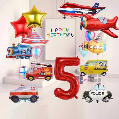 Vista 6 de 12 globos de transporte, camión, avión, autobús escolar, camión de bomberos, coche de policía, barco, ambulancia, submarino, globos de aluminio