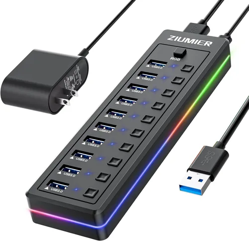 Vista 8 de Hub USB RGB, 7 puertos USB Splitter transferencia de datos para juegos, hogar, oficina, escuela USB 3.0 Hub with RGB LED Strip - Individual LED