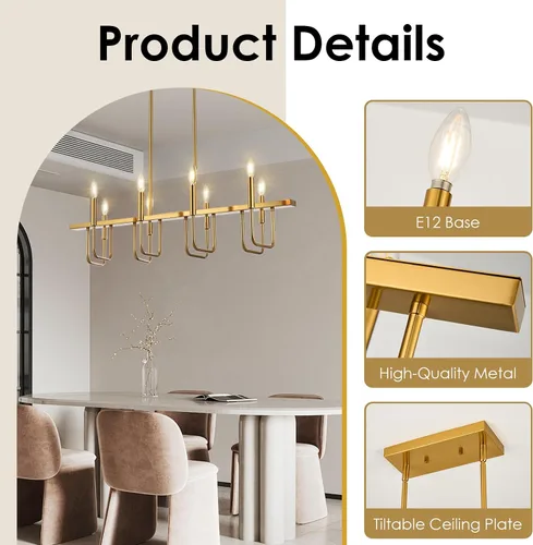 Vista 9 de Lámparas de comedor rectangulares sobre la mesa, candelabros lineales para comedor, candelabro moderno de 8 luces en oro cepillado, luces de isla