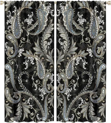 Vista 139 de Cortinas opacas con estampado de flores de cachemira, estampado de cachemira sobre fondo blanco, para decoración del hogar, cocina, restaurante