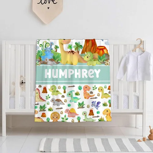 Vista 3 de Manta de regalo personalizada de dinosaurio con nombre para niñas, niños, recién nacidos, dinosaurio, manta personalizada para envolver al bebé