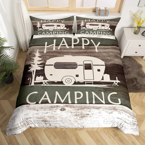 Vista 3 de Funda de edredón Happy Camping, juego de ropa de cama con temática de cámper para niños, funda de edredón de estilo rústico para decoración