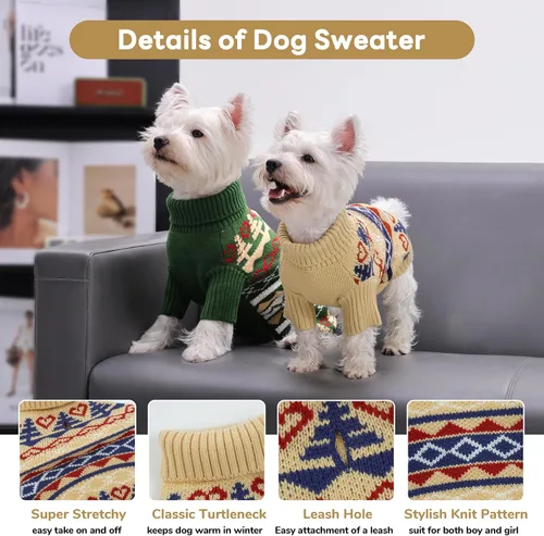 Vista 2 de PUMYPOREITY Suéter de vacaciones para perro, acogedor suéter de invierno, ajuste elástico, cuello alto, tema de Navidad para perros pequeños y Caqui