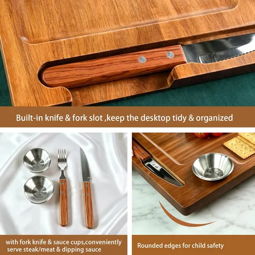 Vista 3 de MAVOTER Tabla de Bistec de Madera de Acacia - Plato de Bistec Tabla de Cortar con Tenedor, Cuchillo y Ramequines Tabla de Servir de Madera