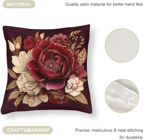 Vista 4 de Fundas de cojín de satén elegantes, decorativas florales burdeos, suaves y lujosas, elegantes fundas de almohada de terciopelo floral para sofá