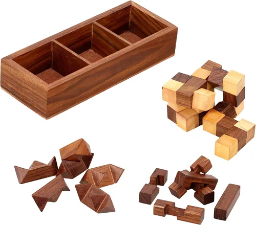 Vista 6 de Ajuny Set de juegos de rompecabezas de madera 3 en 1 - Rompecabezas 3D para adolescentes y adultos - Rompecabezas desafiantes de cerebro 3D