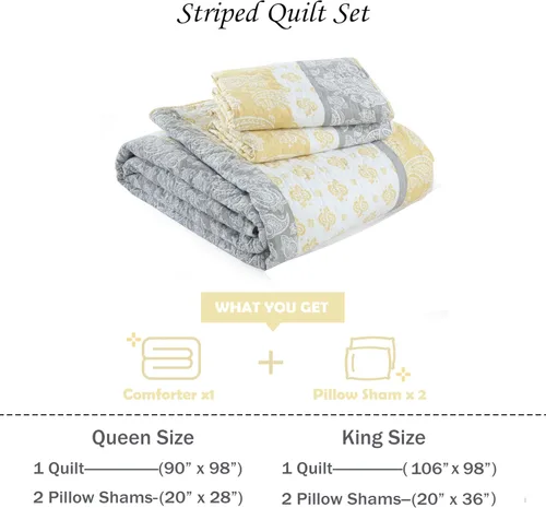 Vista 6 de Edredones Amarillos Tamaño Queen, Juego de Ropa de Cama de Algodón, Edredón Amarillo Gris Blanco, Ropa de Cama Rayada Tamaño Queen, Edredón de Lujo