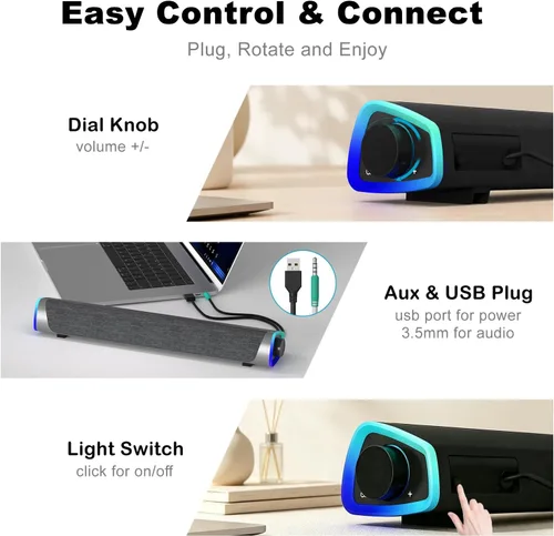 Vista 5 de SOULION R30 - Altavoces para computadora de escritorio, alimentación USB con cable auxiliar de 0.1 in Slanted Design Crystal Sound PC Speaker with