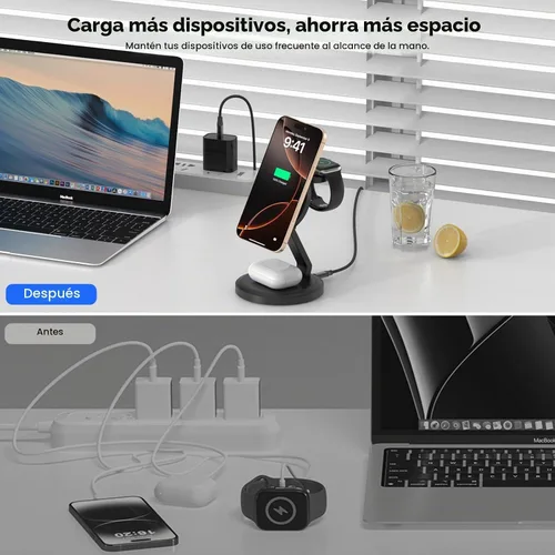 Vista 7 de Estación de carga, cargador inalámbrico plegable 3 en 1, estación de carga para iPhone, soporte para múltiples dispositivos para Apple