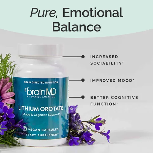 Vista 2 de BRAINMD Dr Amen - Orotato de litio - 60 cápsulas - Soporte cerebral - Sin gluten - 60 porciones