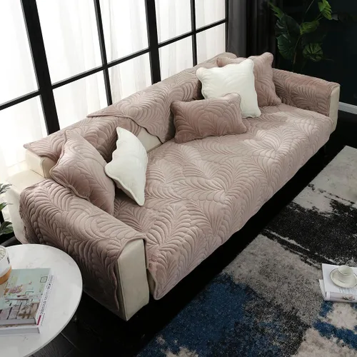 Vista 15 de vctops Funda de terciopelo suave acolchada con hojas de plátano para sofá, funda de sofá modular antideslizante para invierno, funda de muebles