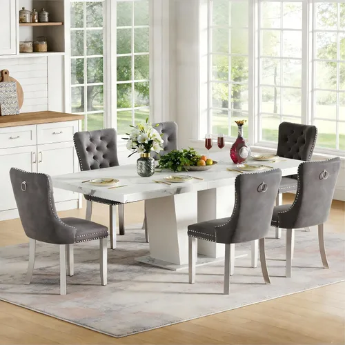 Vista 43 de Mesa de comedor extensible de 78.74 pulgadas para 6 8 y 10 pulgadas, moderna mesa de comedor extensible de granja con base de doble pedestal, mesa