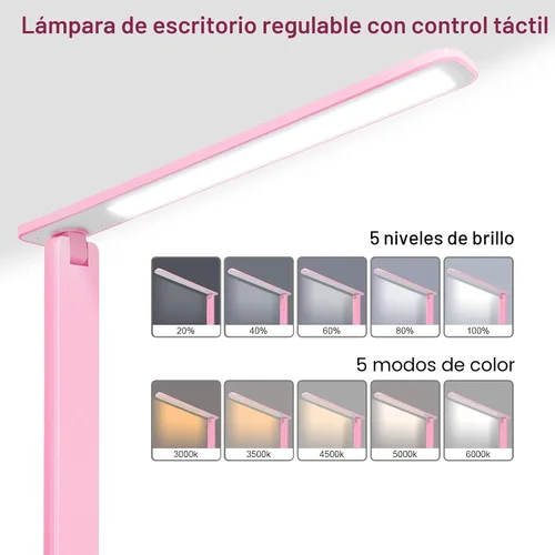 Vista 2 de Lámpara de escritorio LED White Crown, lámpara de mesa regulable, lámpara de lectura con puerto de carga USB, 5 modos de iluminación, control Rosa