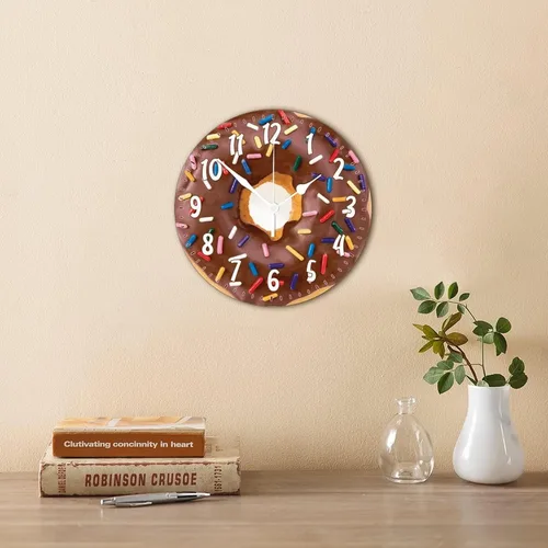 Vista 5 de Reloj de pared redondo de madera con forma de dona y alimento, movimiento de barrido, reloj de pared de estilo moderno, adecuado para dormitorio