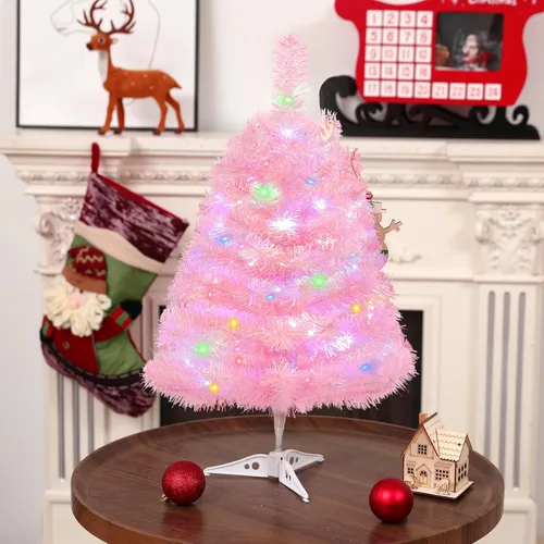 Vista 5 de Árbol de Navidad artificial de 2 pies con luces, árbol de Navidad de mesa rosa iluminado con soporte de plástico, funciona con pilas, mini árbol