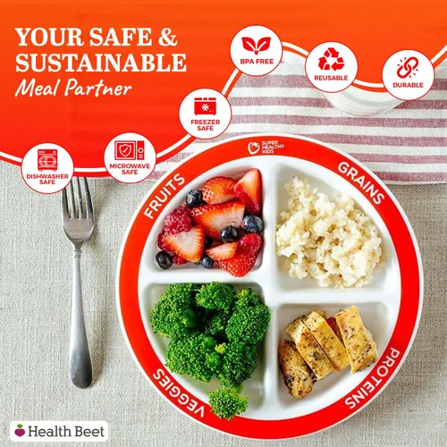Vista 3 de Plato con porciones divididas para niños MyPlate, con 4 secciones divertidas & balanceadas para quisquillosos, English