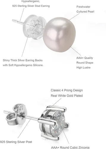 Vista 6 de Aretes de plata de ley 925 con circonita cúbica para mujeres y hombres, juego de aretes de perlas cultivadas en agua dulce natural, hipoalergénicos