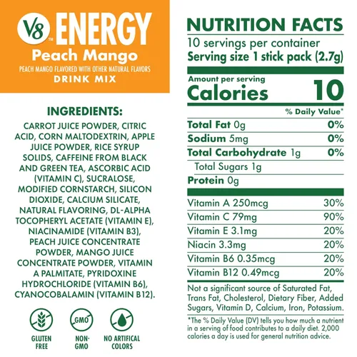 Vista 2 de V8 Energy Peach Mango - Bebida energética en polvo, paquete de 0.10 onzas (10 unidades)