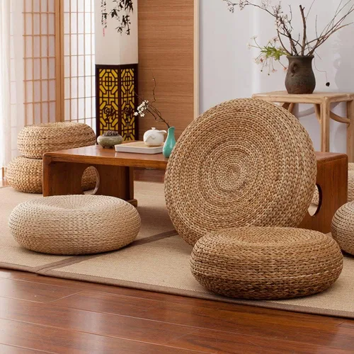 Vista 6 de Etlegor Pufs y reposapiés, Futón Puf Futón Cojín Taburete Estilo Japonés Tatami Mat Gattail, Hoja de plátano tejida a mano natural y respetuoso