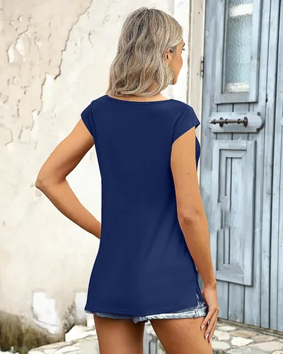 Vista 4 de Paquete de 2 camisetas de manga casquillo para mujer, ajuste holgado, casual, cuello en V, básicas, elegantes, camisetas sin mangas, camisetas tipo