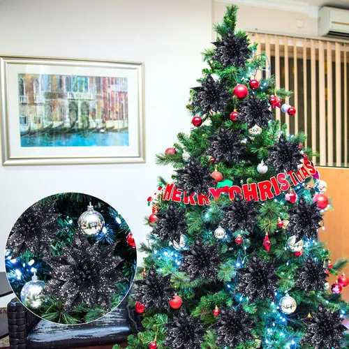 Vista 2 de Sggvecsy 15 piezas de flores de Halloween con purpurina para Navidad, adornos de árbol de Navidad con flores de pascua brillantes, flores