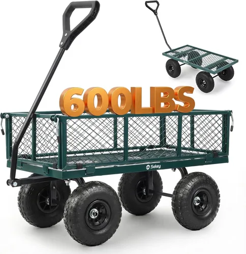 Vista 9 de Sekey Carrito de jardín de malla de acero de 600 libras para patio y patio trasero, carro utilitario con lados extraíbles (cama plana convertible)
