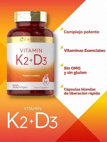 Vista 4 de Suplemento de vitamina K2 D3 de Carlyle 300 cápsulas blandas 200 mcg K2 MK7 y 10,000 UI D3 Sin GMO, sin gluten