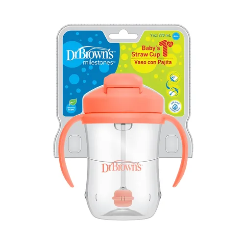 Vista 6 de Dr. Brown's Milestones - Botella de popote estrecha y vaso con popote para bebé, a prueba de derrames, con asas 100% de silicona y popote