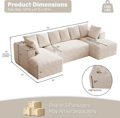 Vista 2 de ONEMMLION - Sofá grande sin hueso de 131 pulgadas con diván, color beige Corduroy, U-Shaped Modular Sectional Couch for Living Room, Memory Foam