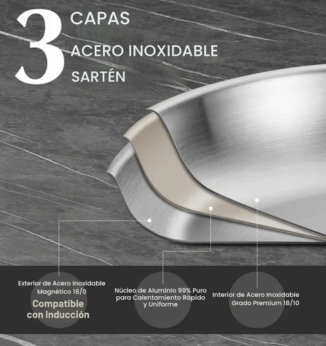 Vista 7 de KOCH SYSTEME CS Sartén de acero inoxidable de 12 pulgadas, sartén de acero inoxidable de tres capas con mango resistente al calor, sartén no tóxica