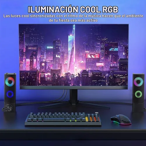 Vista 4 de Altavoces de computadora con cable diseñados para dispositivos de escritorio, sonido claro USB Plug and Play con iluminación RGB Características