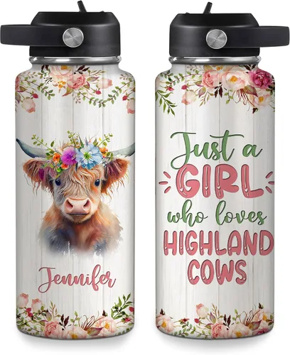 Vista 9 de Hyturtle Botella de agua personalizada de vaca Highland, botella de acero inoxidable aislada con tapa a prueba de fugas, 18 onzas, 32 onzas, regalo