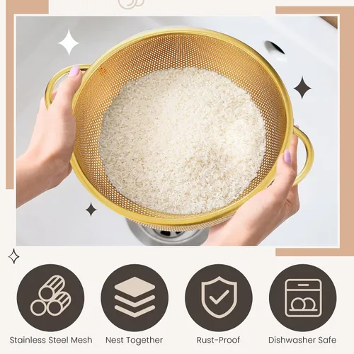 Vista 4 de Baderke Colador de metal dorado de acero inoxidable con asa, colador dorado para cocina, drenaje, pasta, enjuague, verduras, arroz, alimentos, 3
