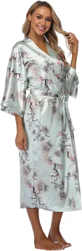 Vista 4 de Bata tipo kimono para mujer, floral, larga, ligera, sedosa, ropa de dormir