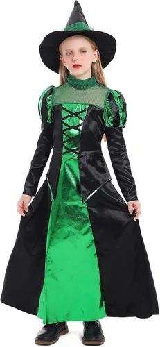 Vista 5 de LMYOVE Disfraz de bruja gótica para niñas, conjunto de disfraz de bruja de Halloween con sombrero
