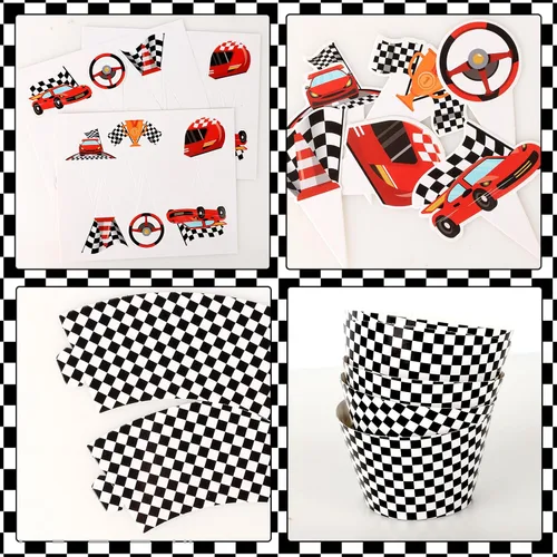Vista 7 de 48 paquetes de toppers y envolturas de cupcakes de coche de carreras, decoración de pastel de fiesta de carreras con temática de carreras y cuadros