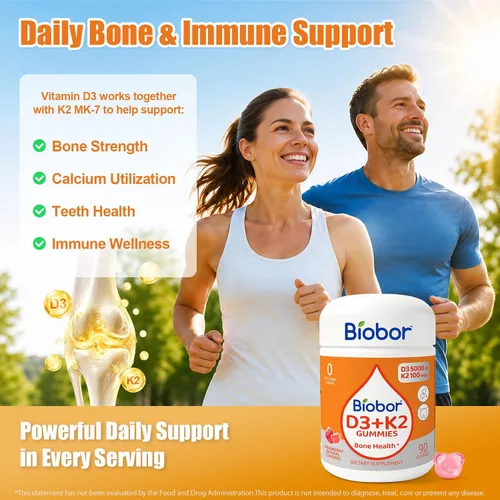 Vista 5 de Biobor Gomitas naturales de vitamina D3 K2, 5000 UI de vitamina D3 y 100 mcg de vitamina K2 (MK-7), apoya los huesos saludables, suplemento de salud