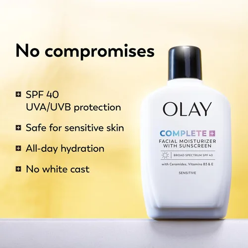 Vista 3 de Olay Complete+ Hidratante Facial con Protector Solar SPF 40, Para Piel Sensible, Protección Solar de Amplio Espectro, Sin Fragancia - Sin Residuo