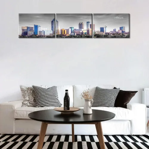 Vista 4 de 3 paneles de Atlanta Skyline vista de la ciudad en blanco y negro, imágenes panorámicas de edificio de ciudad, decoración de pared para sala