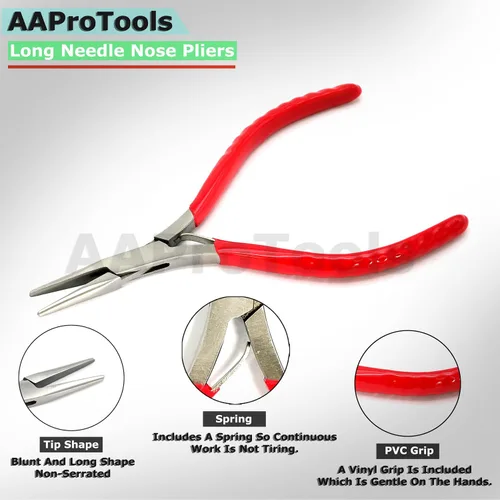 Vista 2 de 5 pulgadas mini alicates de punta larga de acero inoxidable con mango de agarre de PVC rojo - 311L