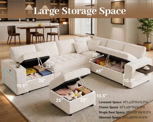 Vista 7 de Vipbear Sofá cama modular de 111 pulgadas, sofá cama modular de 7 asientos con cama extraíble, sofá en forma de L de felpilla con otomana de Beige