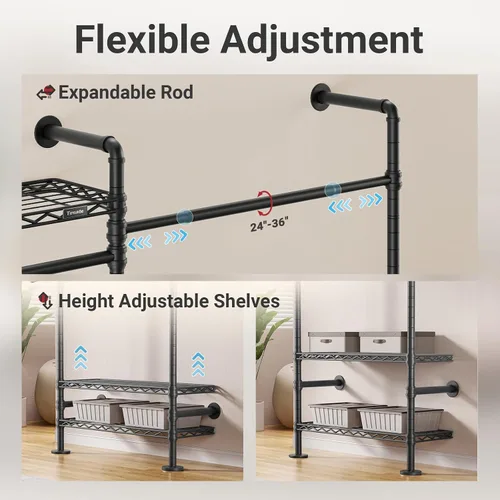 Vista 6 de Timate F6 - Perchero para colgar en la pared, sistema de armario de tubería industrial expandible, perchero colgante resistente, organizador de Negro