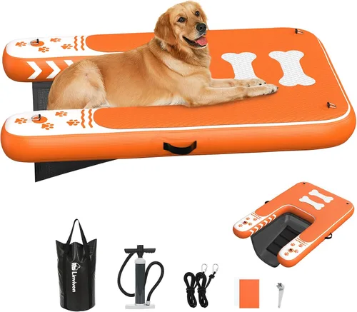 Vista 9 de Rampa inflable para perros de hasta 240 libras, plataforma flotante con espuma EVA antideslizante, segura y fácil acceso al agua, rampa para perros