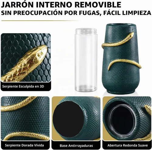 Vista 8 de Florero de 8 pulgadas verde y dorado con serpientes para decoración, florero único para estantería, mesa de comedor, sala de estar, repisa