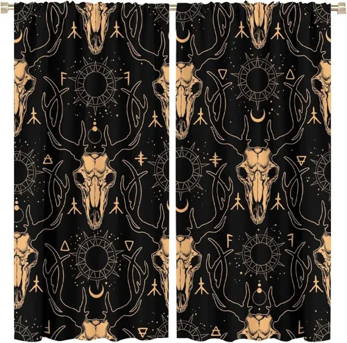 Vista 8 de BAEKJIN Cortinas de cabeza de cabra, diseño de calavera malvada, bruja, símbolo misterioso, bolsillo para barra, cortinas opacas para ventana, juego