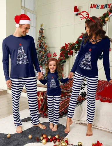 Vista 2 de iClosam Juego de pijamas familiares a juego, pijamas a rayas navideño, pijamas para papá, mamá, pijamas