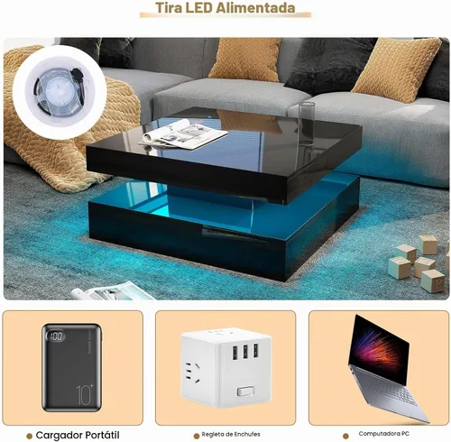 Vista 5 de HedoAjim Mesa de centro LED negra para sala de estar, mesa de sala de estar, mesas centrales cuadradas de 2 niveles, mesas de centro de madera