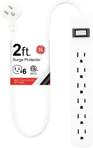 Vista 2 de GE - Protector de sobretensión de 6 tomas, extensión de 2 pies, regleta multicontactos, 450 julios, tapas de seguridad de cierre por torsión